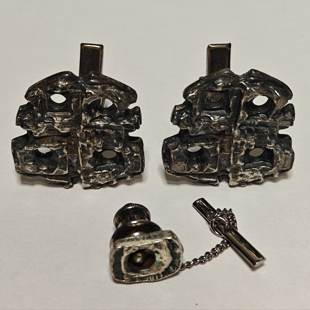 Modernist Brutalist Signed Robert Larin Cufflinks & Tie Pin Set
